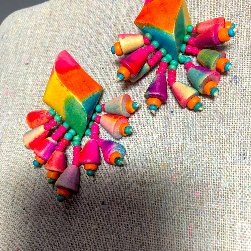 1980’s 80s fashion original wooden earrings tie dyed fluorescent
